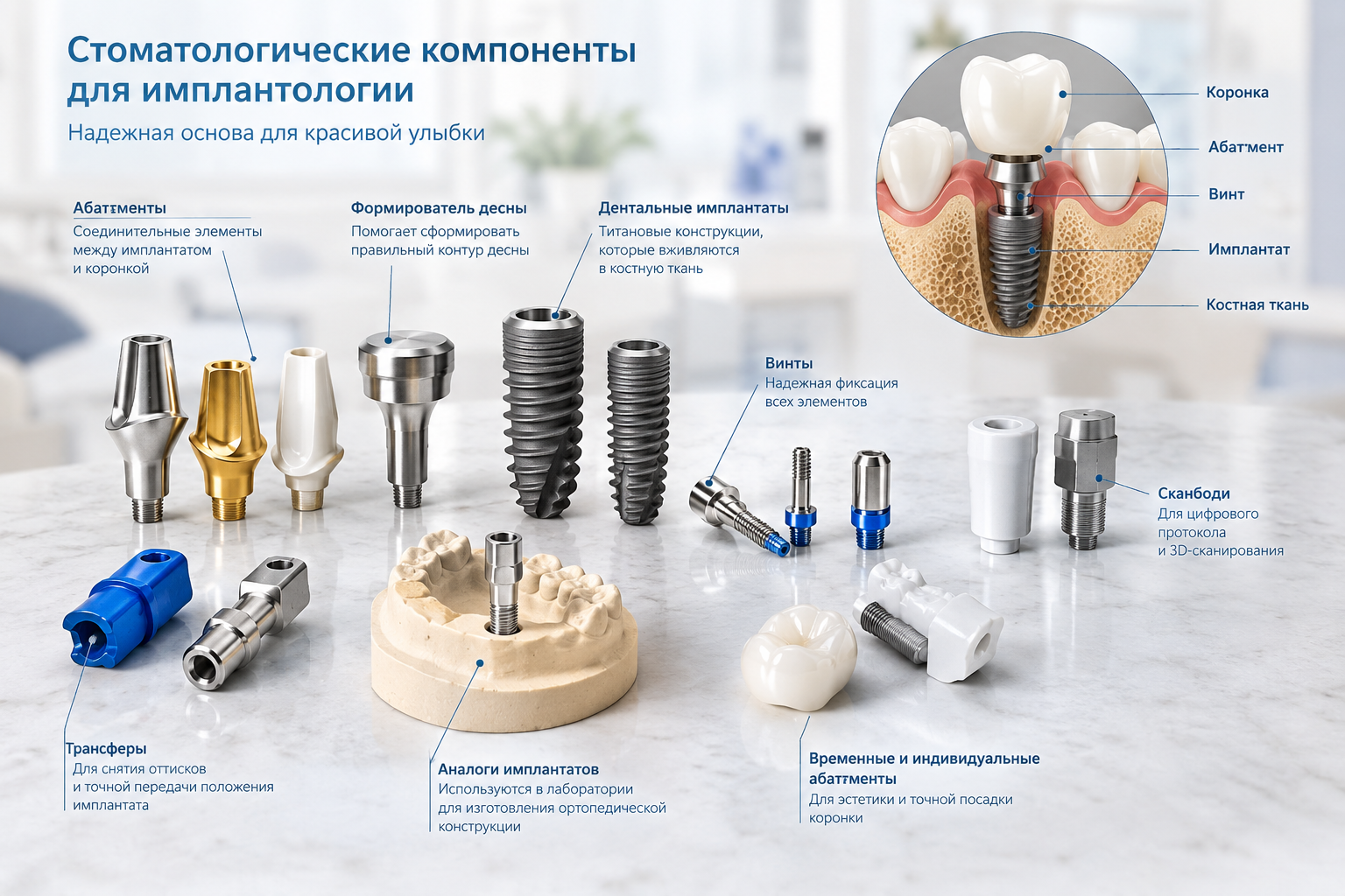 Стоматологические компоненты для имплантологии: виды, назначение и особенности выбора
