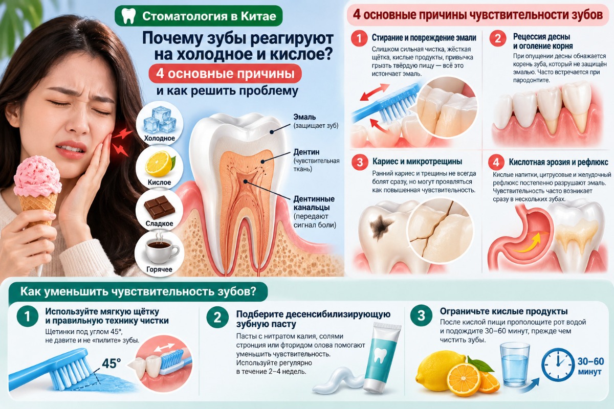 Инфографика о причинах повышенной чувствительности зубов и способах её уменьшения